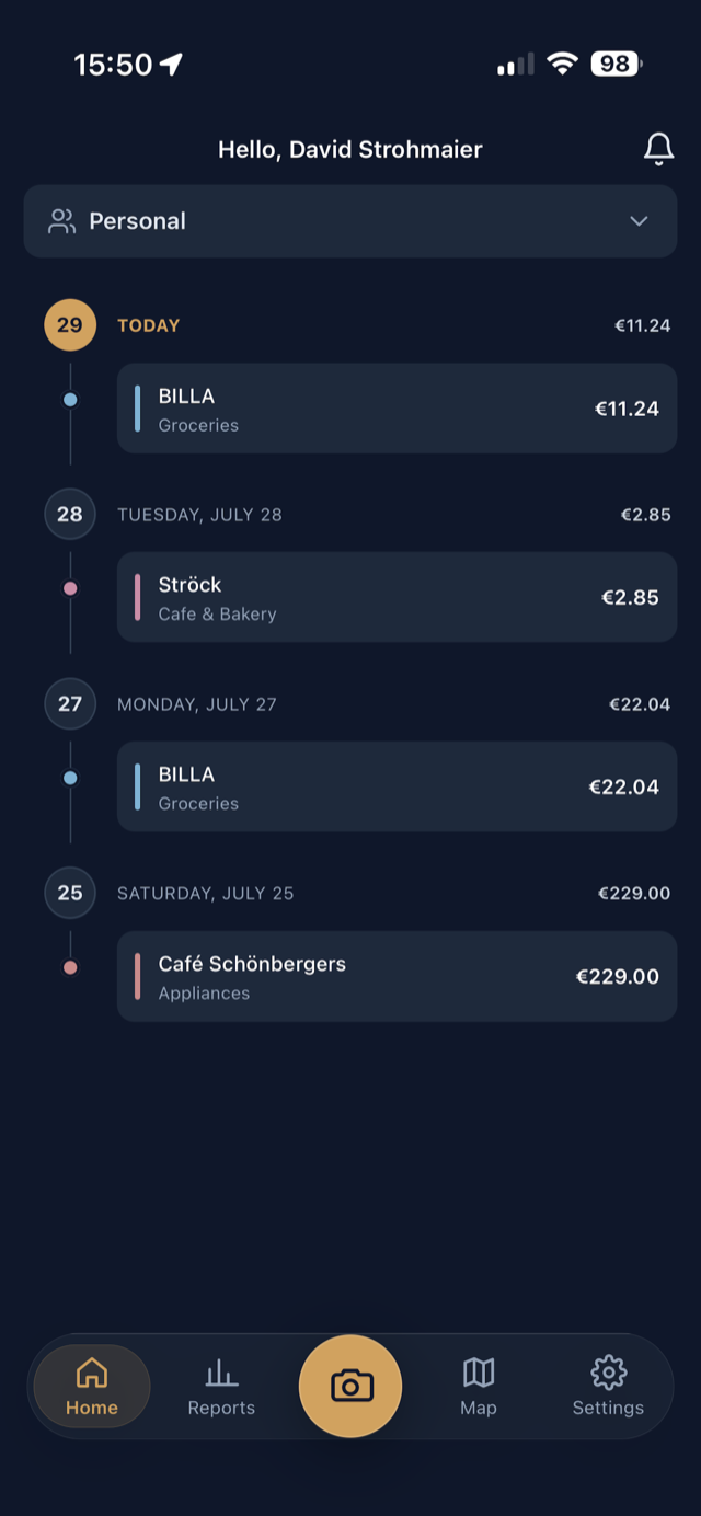 The Expense Tracker home timeline showing recent expenses by day
